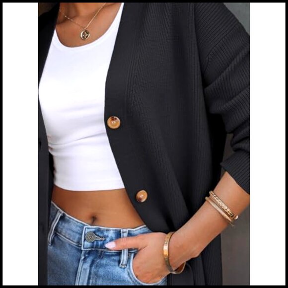 Oversized V-Neck Cardigan, Button Front, Knit Fabric, Casual Wear - Picture 5 of 7